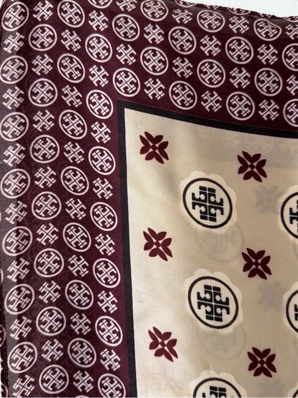 ‘Tory Burch’ Wine & Cream Silk Monogram Scarf - Picture 6 of 6
